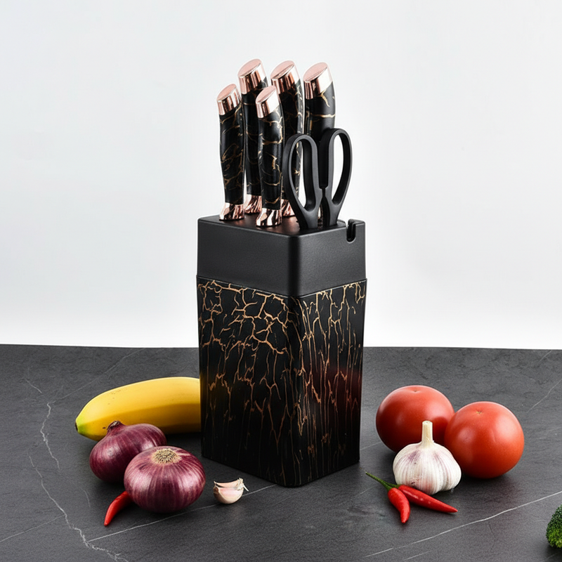 SmartCut™ - Coffret de Luxe de 5 Couteaux + Ciseaux + Socle de Rangement avec Aiguiseur Intégré (7-en-1)