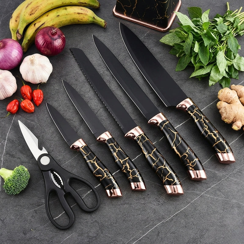SmartCut™ - Coffret de Luxe de 5 Couteaux + Ciseaux + Socle de Rangement avec Aiguiseur Intégré (7-en-1)
