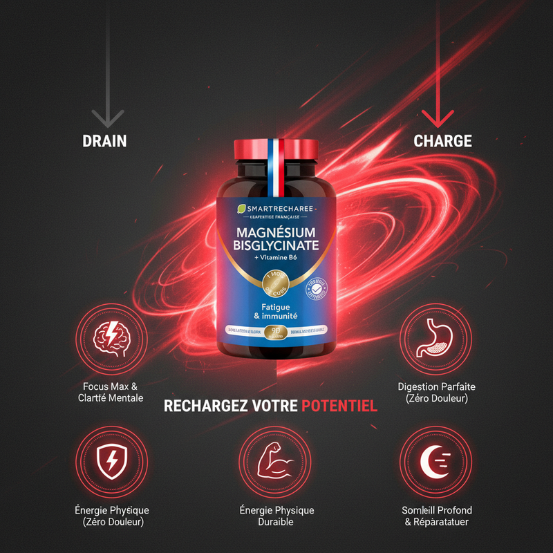 SmartRecharge™ - Cure de 45 Jours de Magnésium Bisglycinate + Vit B6 (Anti-Fatigue & Stress)